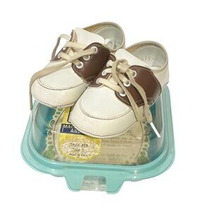 VINTAGE WEE‎ KIDS LEATHER WALKER BABY SHOES BELLS BROWN WHITE